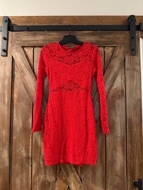 Express Red Lace Long-Sleeve Sheath Dress